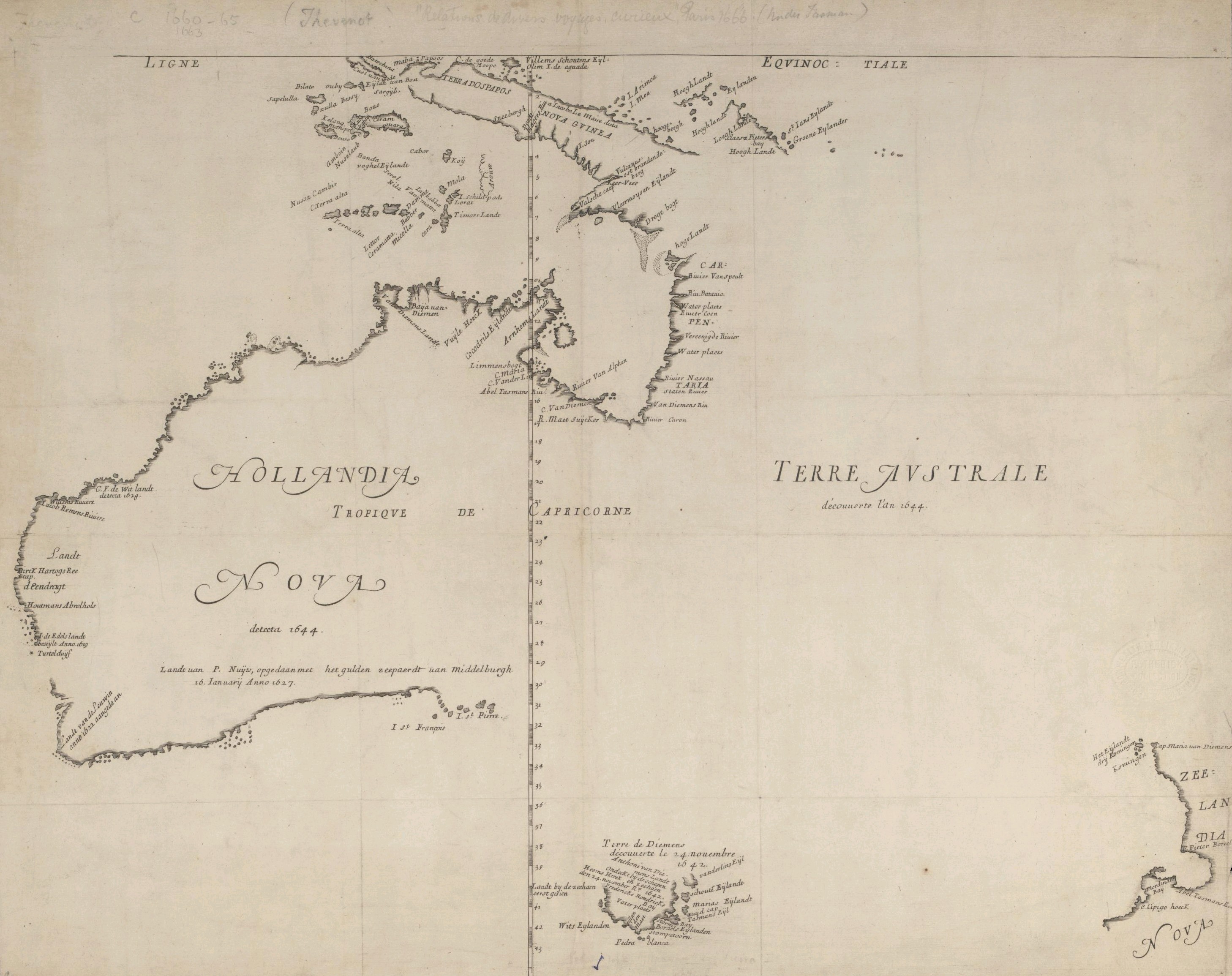 New Holland (Australia) — Hollandia Nova — Terre Australe, Melchisédech Thévenot (after Tasman), 1663